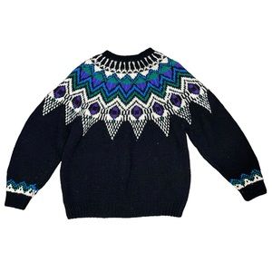 Nordic Black blue heavy knit wool crew neck sweater